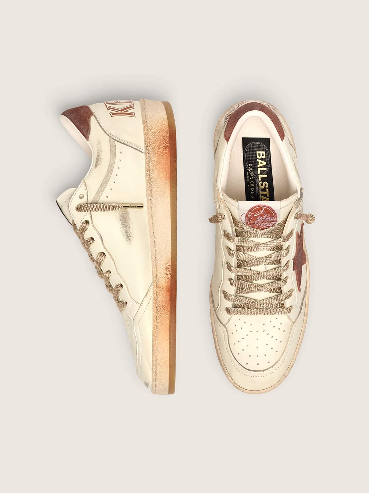 Scarpe da donna Ball Star in pelle bianca con stella e tallone in pelle color ruggine