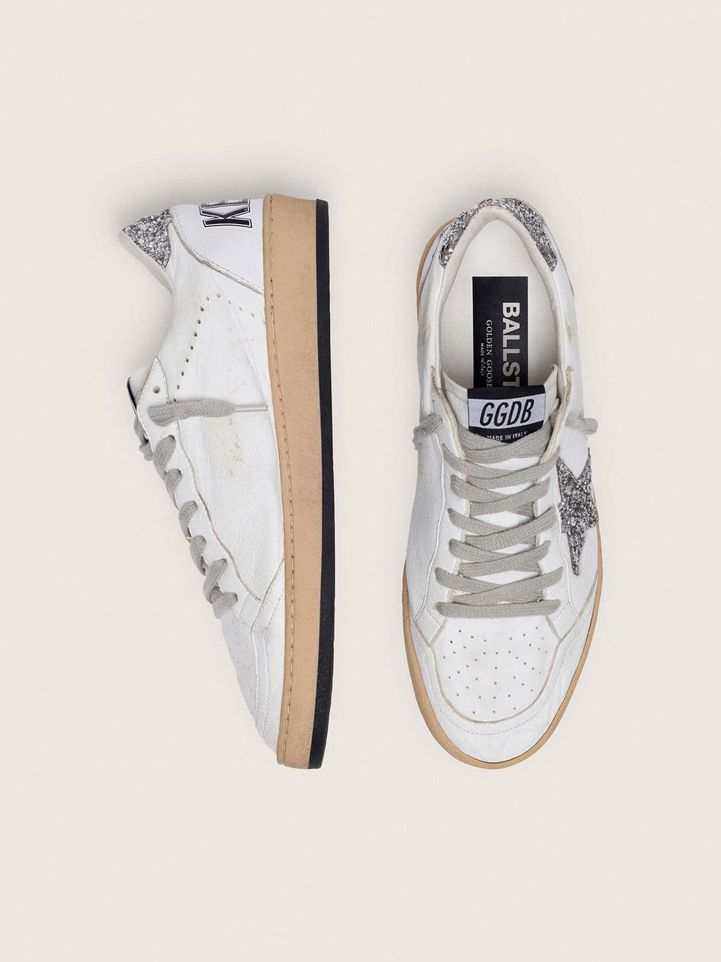Scarpe da donna Ball Star in pelle nappa con stella e talloncino glitterato color argento