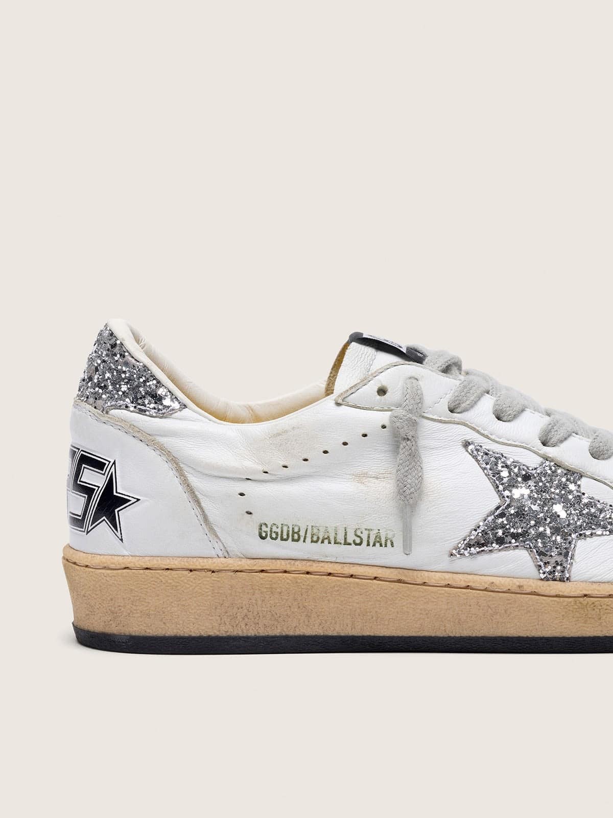 Scarpe da donna Ball Star in pelle nappa con stella e talloncino glitterato color argento