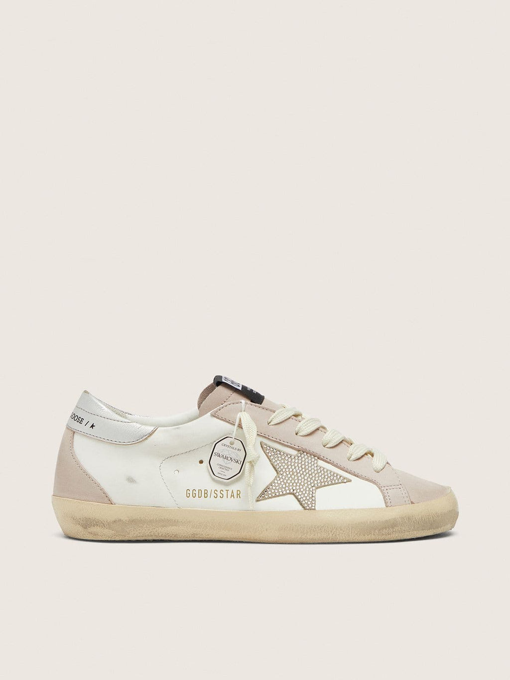 Scarpe Super-Star da donna in pelle bianca e rosa cipria con stella in cristalli Swarovski color argento