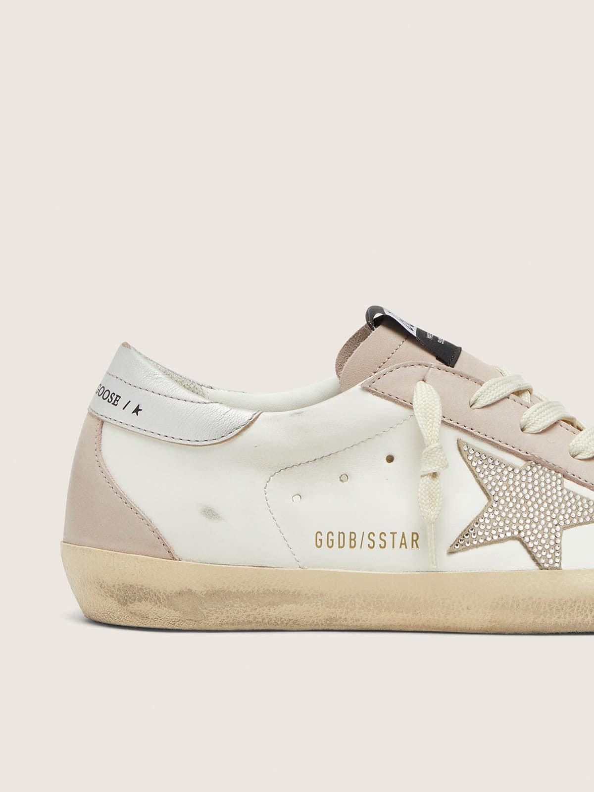 Scarpe Super-Star da donna in pelle bianca e rosa cipria con stella in cristalli Swarovski color argento