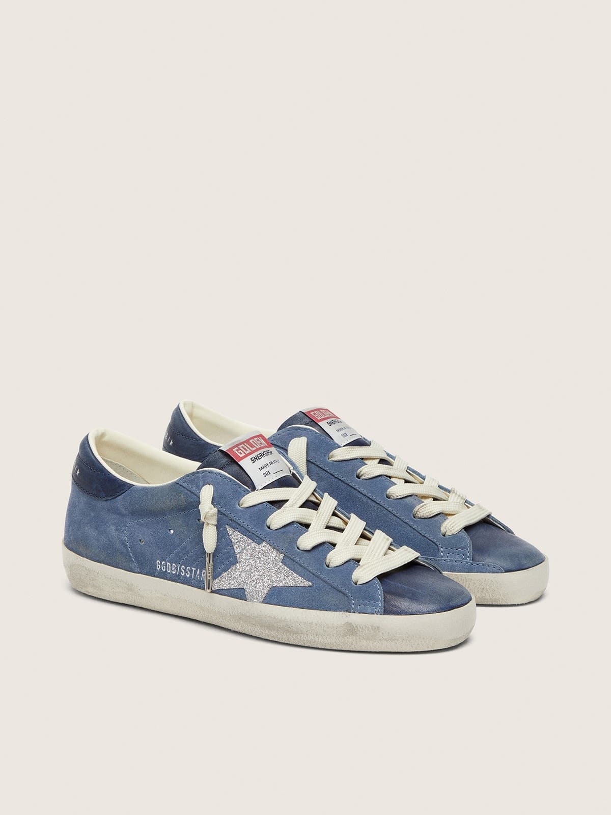 Scarpe da donna Super-Star in camoscio blu denim con stella glitter argento