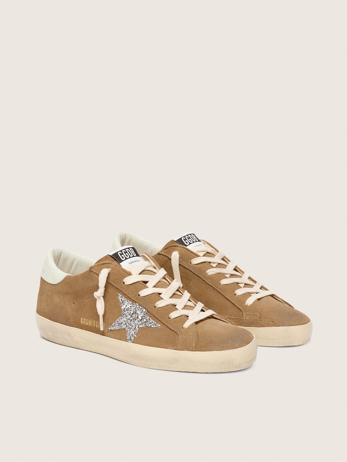 Super-Star da donna in camoscio marrone tabacco con stella glitter argento