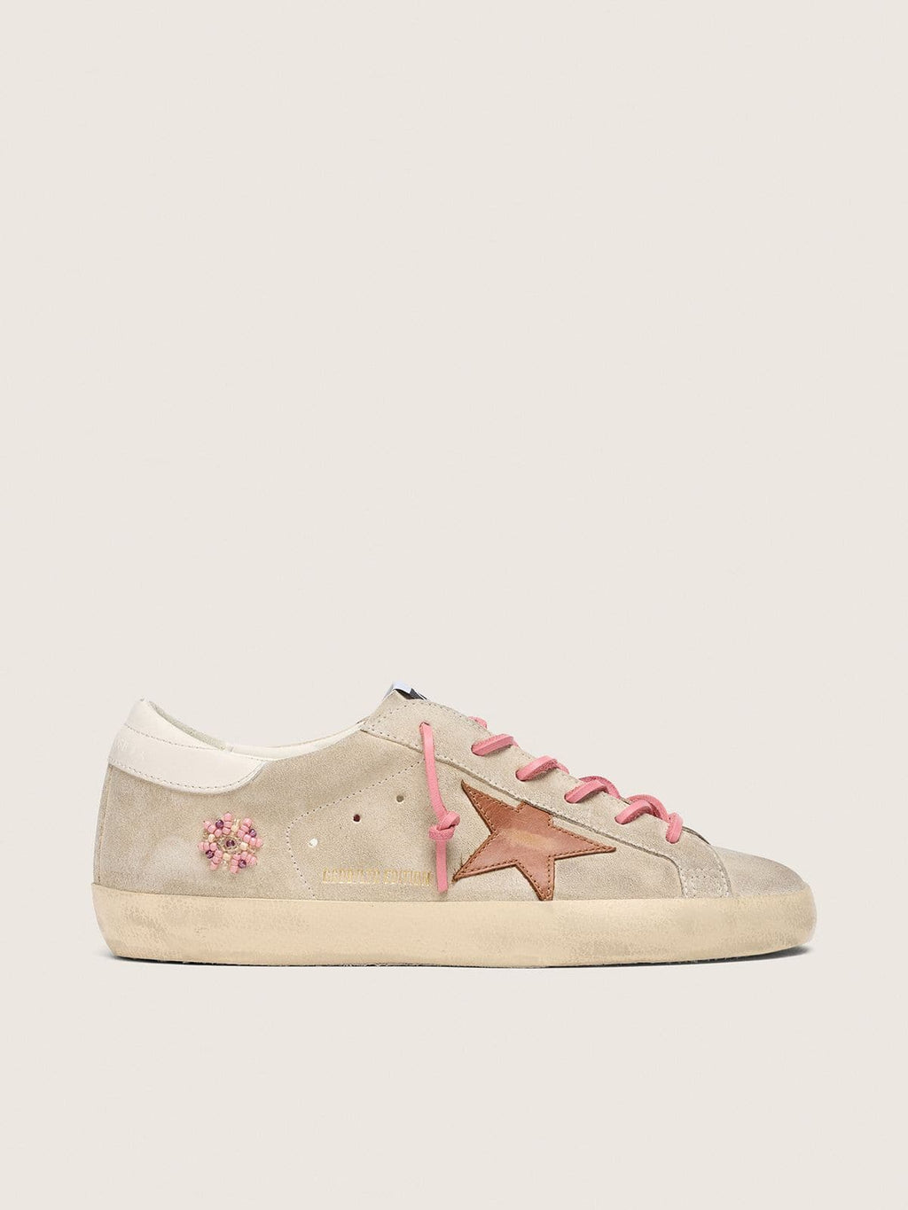 Scarpe da donna Super-Star LTD in camoscio color perla con stella e ricamo color mattone